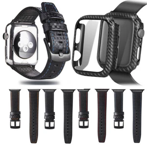 Custodia cinturino in vera pelle fibra di carbonio per iWatch serie 6 5 4 3 2 1 - Foto 1 di 15