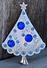 Broche vintage arbre de Noël bleu royal cristal strass épingle en verre vacances