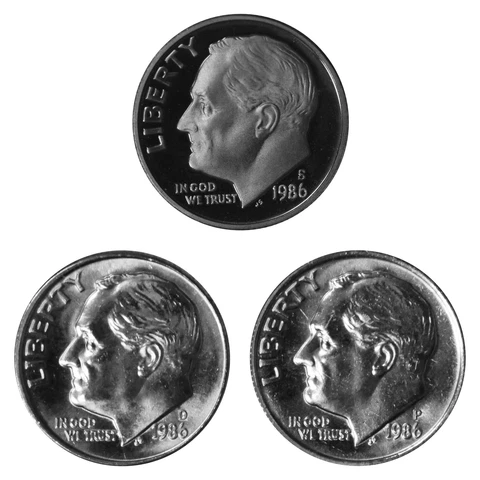 1986 P D S Roosevelt Dime 10c Year set Proof & BU US 3 Coin lot Cover
