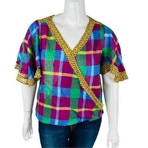 New Umgee Womans Sz 1XL Blouse Plaid V Neck Faux Wrap Flutter Sleeve Green NWT - Picture 1 of 9
