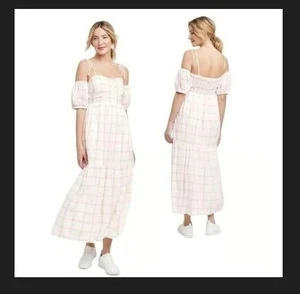 Universal Thread rosa weiß kariert schulterfrei kurz Blasenärmel Kleid XL - Bild 1 von 9