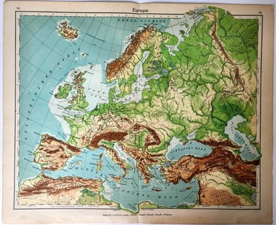 Mapa Topográfico Europa España Italia Inglaterra Francia Lengua Alemana Vintage 1931 Foto 1 de 4