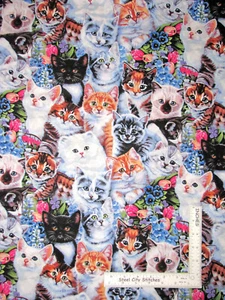 Kittens & Flowers Cats Garden Tulips Cotton Fabric David Textiles By The Yard - Picture 1 of 1