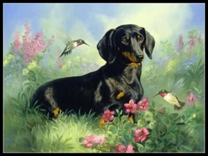 Dog and Hummingbirds - DIY Counted Cross Stitch Pattern Needlework - Picture 1 of 2