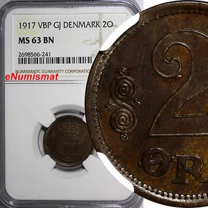 Denmark Christian X Bronze 1917 VBP GJ 2 Ore NGC MS63 BN SCARCE KM# 813.1  (241) - Picture 1 of 4