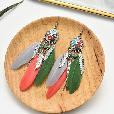 BOHO Feather Beaded Earrings Fringe Tassel Bohemian Ethnic Dangle Drop Handmade - Image 1 of 4