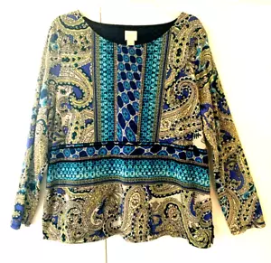 Top túnica de malla de nailon lindo de Chico's "3" (L-XL) cuello ancho slv azul cachemir/beige - Imagen 1 de 6