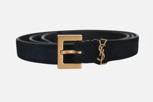 SAINT LAURENT Black Suede YSL-LOGO CASSANDRE Women's Thin Belt 95 US38 - Picture 1 of 8