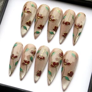 Diamond Floral Press On Nails, 3D Cat-Eyes Coated Y2K Elegant Long Nails - Picture 1 of 9