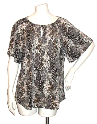 Camisa Top Isaac Mizrahi M Tejida Elástica Sedosa Negra Gris Tostada Floral Boho Hippie Foto 1 de 4