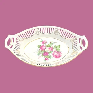 Vintage Oval Bread Basket or Fruit Bowl Dish 12" Reticulated Germany Roses Gold - Picture 1 of 12