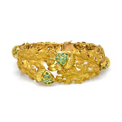Vintage 18K Yellow Gold Emerald Oak Leaves & Acorn Forester Bangle Bracelet RARE — 第 1/4 张图片