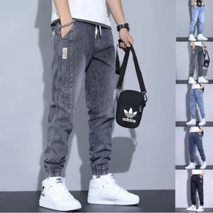 UK Men's Cuffed Jogger Jeans Elasticated Waist Designer Denim Trousers All Sizes - Picture 1 of 35