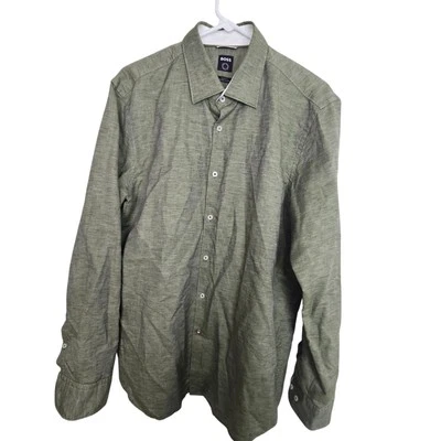 Hugo Boss Shirt Green Button Front Long Sleeve Men XL Linen Cotton Blend - Image 1 of 4