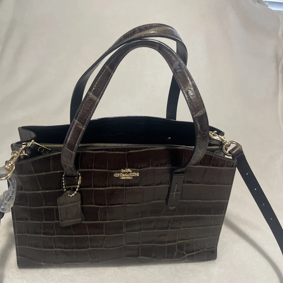 Brown COACH NINA CARRYALL LEATHER Crocodile Embossed LARGE TOTE Purse - Image 1 of 4