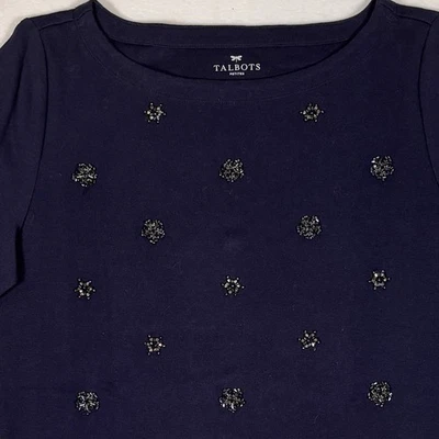 Talbots Beaded Top Shirt Womens Large Petite Navy Blue Snowflakes Stretch NEW - Image 1 of 4