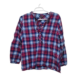 J.Crew Mercantile M Plaid Ruffle Henley Shirt Red Blue Cotton Top - Picture 1 of 12