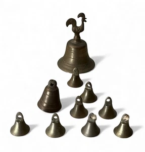 Vintage 10 Brass Hand Bells Miniature Decoration Bell Lot Rare - Picture 1 of 3