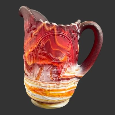 Imperial Glass Red Ruby White Milk Slag Ohio Windmill Pint Pitcher - Image 1 of 4