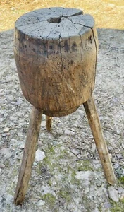 Antique French Primitive Butcher Block 3 Legs Raw Wood 27.5” H - Picture 1 of 9