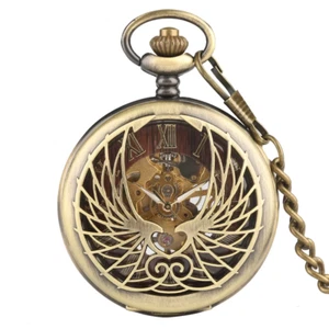 Wings Mechanical Pocket Watch Bronze Chain Manual Mechanical Pocket Gift - Picture 1 of 14