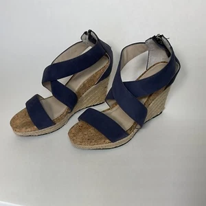 Adrienne Vittadini Leather Espadrille Sandal Womens Size 6.5 Blue Zip Back Wedge - Picture 1 of 6