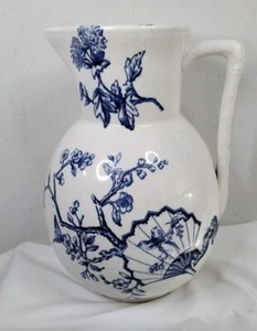 Antique English Flow Blue ironstone pitcher 1875 Tea Plant Birds butterflies 11" - Picture 1 of 12