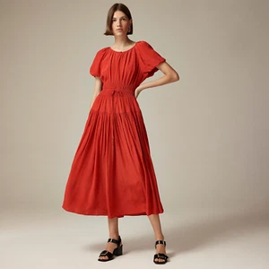 New JCREW Size S Elena Puff-Sleeve Dress Dotted Crepe de Chine Ruby $188 CF774 - Picture 1 of 5