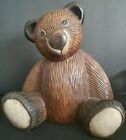 Large Carved Wood Teddy Bear Statue 11" Folk Art Sculpture Thailand Vintage