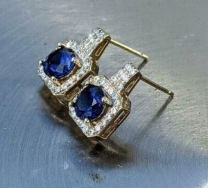 14k Yellow Gold Plated Round Cut Simulated Blue Sapphire Women's Stud Earrings - Picture 1 of 4