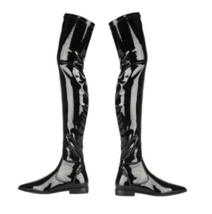 Nueva puntera puntiaguda para mujer grueso tacón bajo sobre la rodilla Botas elásticas charol L - Imagen 1 de 12