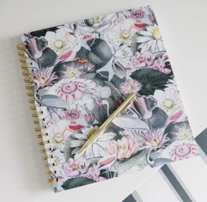 GIFT BOX SET!  Large 11" x 9.5" Flamingo Flowers Hardcover Spiral Notebook & Pen - Picture 1 of 5