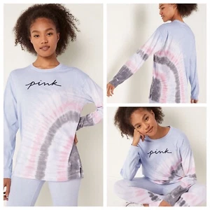 VS VICTORIAS SECRET PINK CAMPUS LONG SLEEVE TEE TOP HYDRANGEA TIE DYE SCRIPT L - Picture 1 of 6