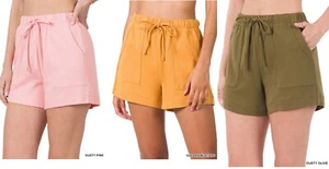 Zenana Women Cotton Drawstring Waist Shorts with Pockets - Picture 1 of 9