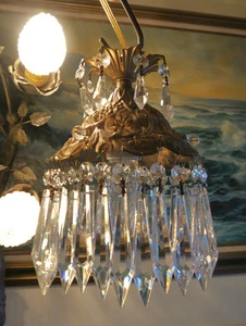 Filigrane Perlen Pulver Lampe Hänge Spelter Teichlilie Kristall Kronleuchter Vintage - Bild 1 von 11