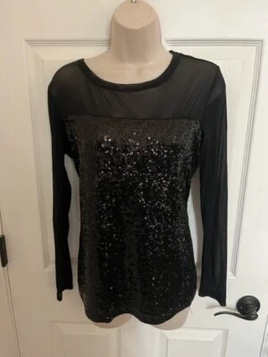 NWOT INC INTERNATIONAL Black Silk Sequin Top Sheer Long Sleeve, Medium - Image 1 of 4