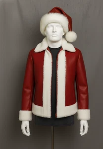 Men’s Christmas Santa Jacket & Hat Leather Set, Christmas Red Jacket with Fur - Picture 1 of 11