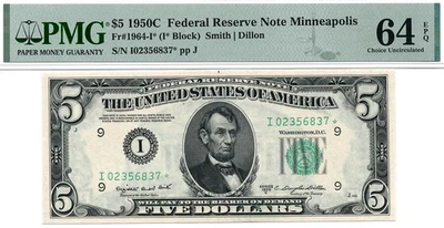 1950c* $5 Minneapolis STAR Federal Reserve Note FRN • 1964-I* PMG 64 EPQ ((KEY)) - Image 1 of 2