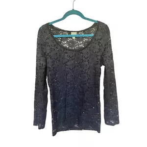Vanity Essentials Eyelet/Lace Top L/S Navy Blue Womans Size L - Picture 1 of 5
