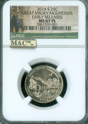 2014 S GREAT SMOKY MOUNTAINS QUARTER NGC MS67 PL E.R. MAC SPOTLESS  . - Image 1 of 2