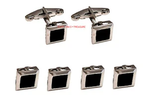 Natural Faceted Black Onyx Stone 925 Sterling Silver Tuxedo Buttons Cufflinks - Picture 1 of 3