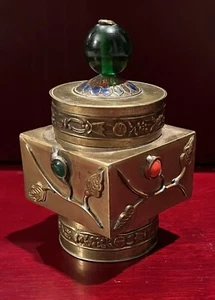 Antique Chinese brass match/ cigarette BOX w/ inlay enamel & peking glass - Picture 1 of 6