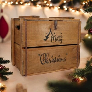 Rustic Vintage Brown Merry Xmas Box Wooden Display Storage Crate Xmas Eve Box - Picture 1 of 6