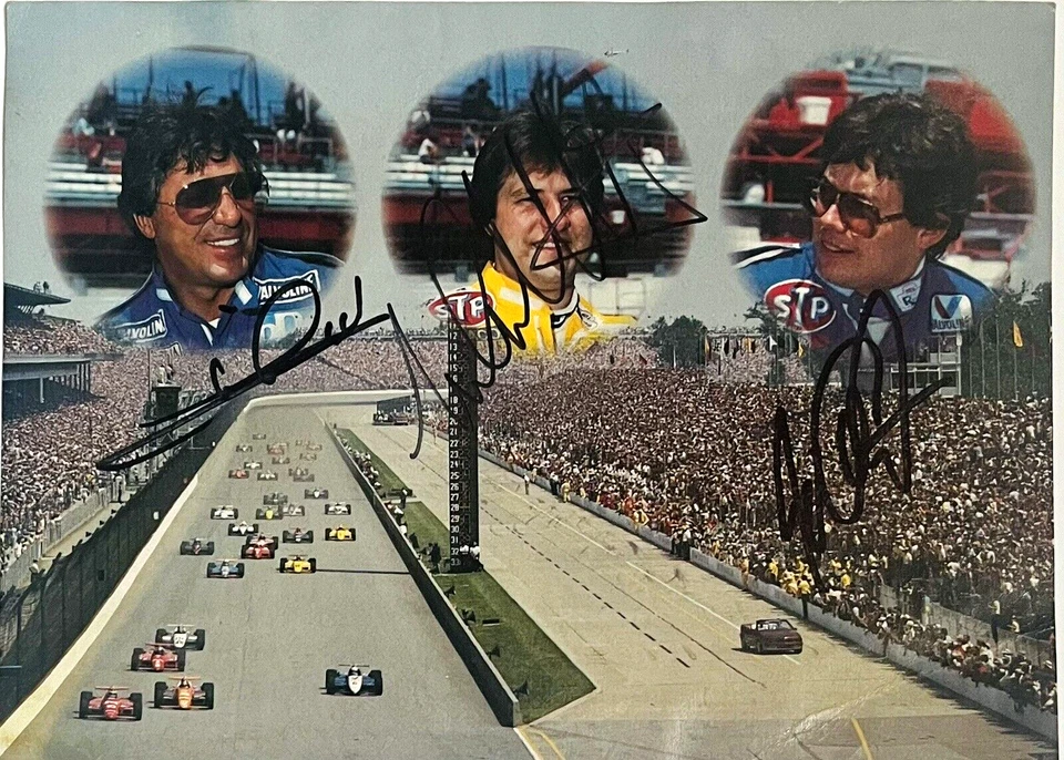 Rare 80’s STP Indy 500 6" X 8" Hero Card SIGNED by Michael Jeff & Mario Andretti - Image 1 of 2