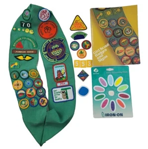 Fascia scout vintage anni '80 con distintivi, spille, archi, petali da stiro, libro, LOTTO - Foto 1 di 11