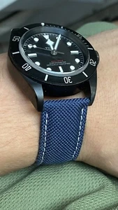 22mm NAVY BLUE Sailcloth Double Sided watch band strap WHITE Stitch Aged - Picture 1 of 12