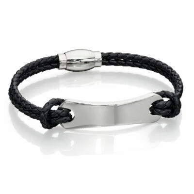 Fred Bennett Bracelet Woven Black Leather Stainless Steel ID Bar Bracelet, B5277 - Image 1 of 2