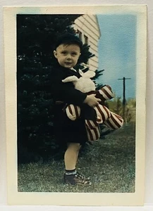 Little Boy Holding Toy Rabbit ~ Vintage Hand Colored Photo ~ Children & Toys - Picture 1 of 2
