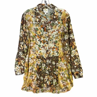 Blusa túnica transparente de higo y flor XL marrón amarillo floral con botones boho Foto 1 de 4