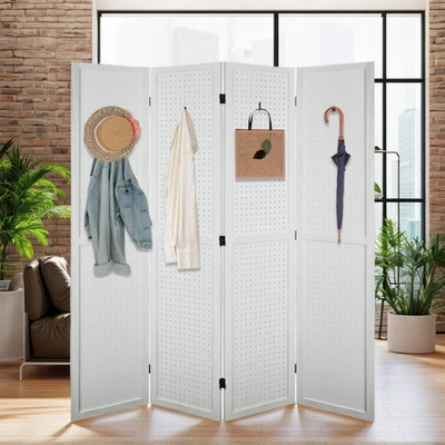 67'' H Wood Room Dividers 4 Panel Pegboard Display Folding Privacy Screens White - Image 1 of 4